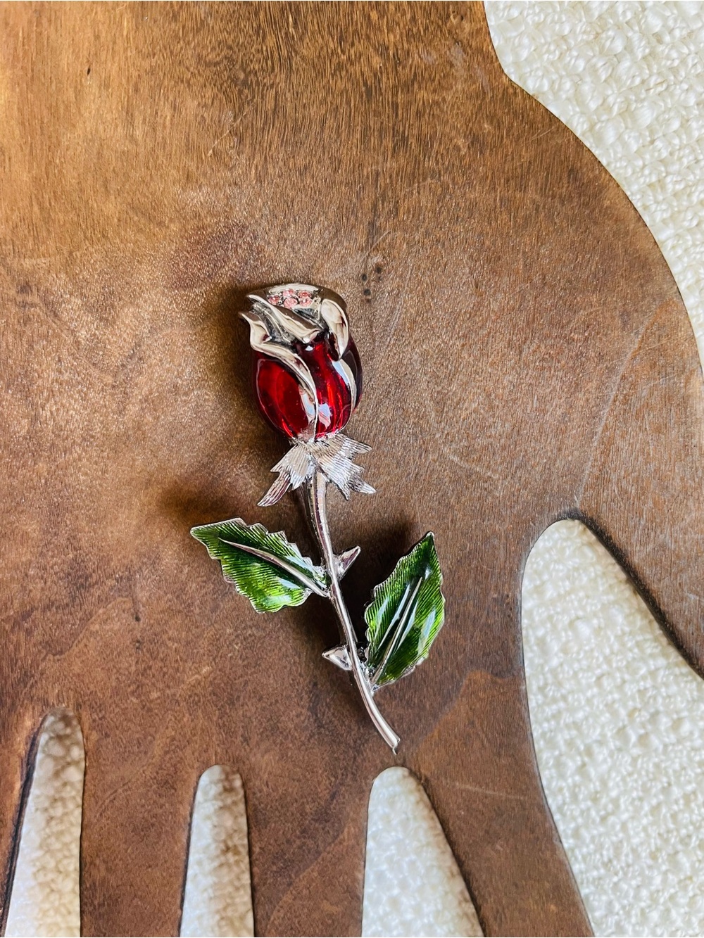 Laura Conrad Red Rose Enamel Brooch with Green Leaves 2.5" L